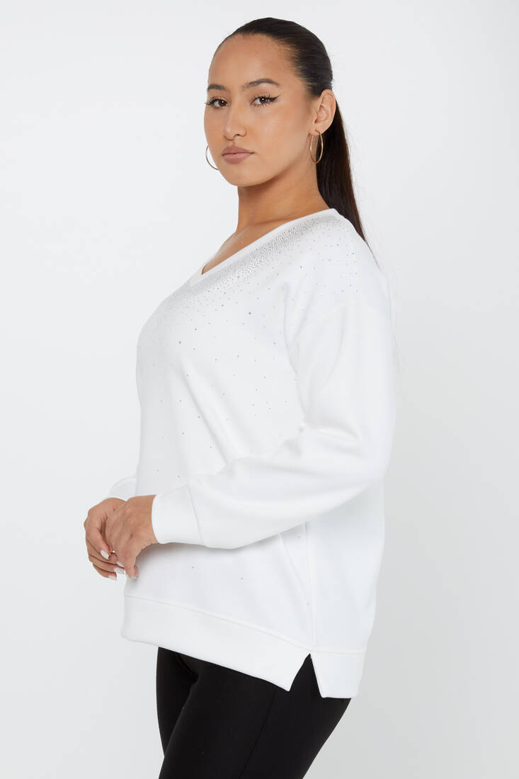 Kadın Sweatshirt Taşlı Uzun Kollu Ekru - 79983| KAZEE