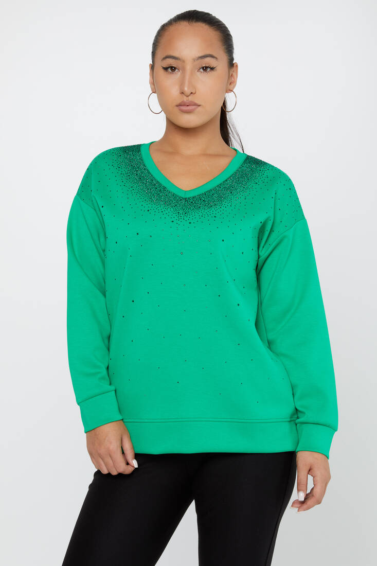 Kadın Sweatshirt Taşlı Uzun Kollu Yeşil - 79983| KAZEE