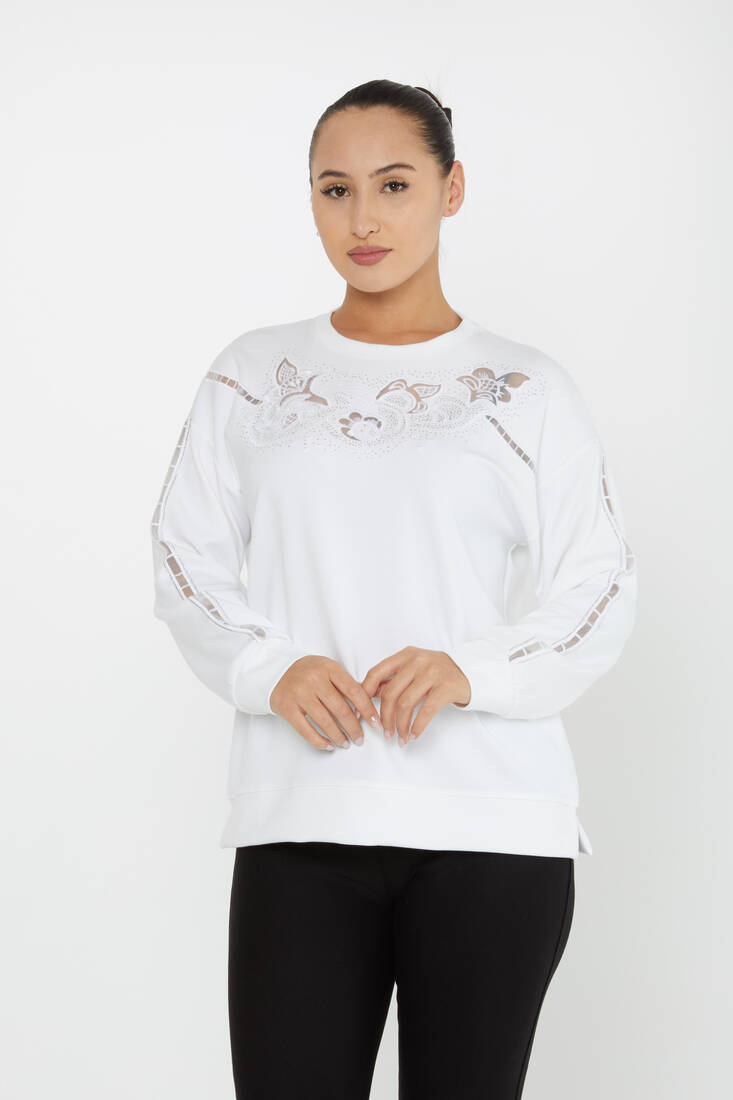 Kadın Sweatshirt Tül Detaylı Ekru - 17789 | KAZEE