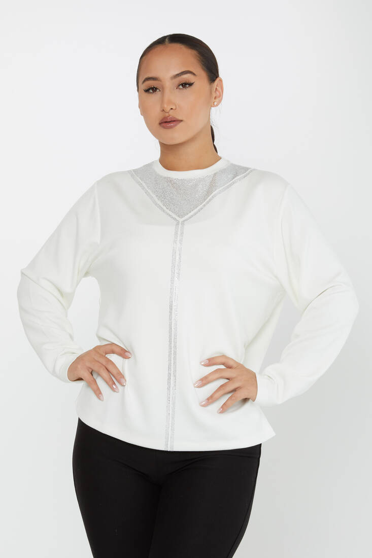 Kadın Sweatshirt Yakası Taşlı Ekru - 2231 | KAZEE