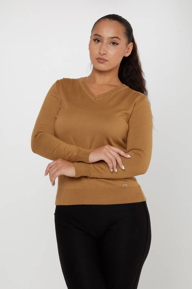 Kadın Triko Basic V Yaka Camel - 11071 | KAZEE