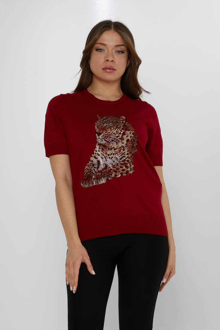 Kadın Triko Leopar Taş Desenli Bordo - 31825 | KAZEE