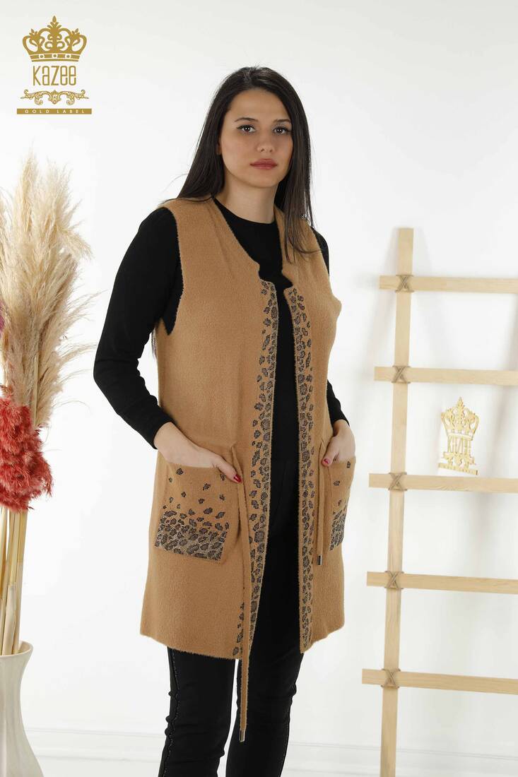 Kadın Uzun Yelek Leopar Desenli Camel - 30245 | KAZEE