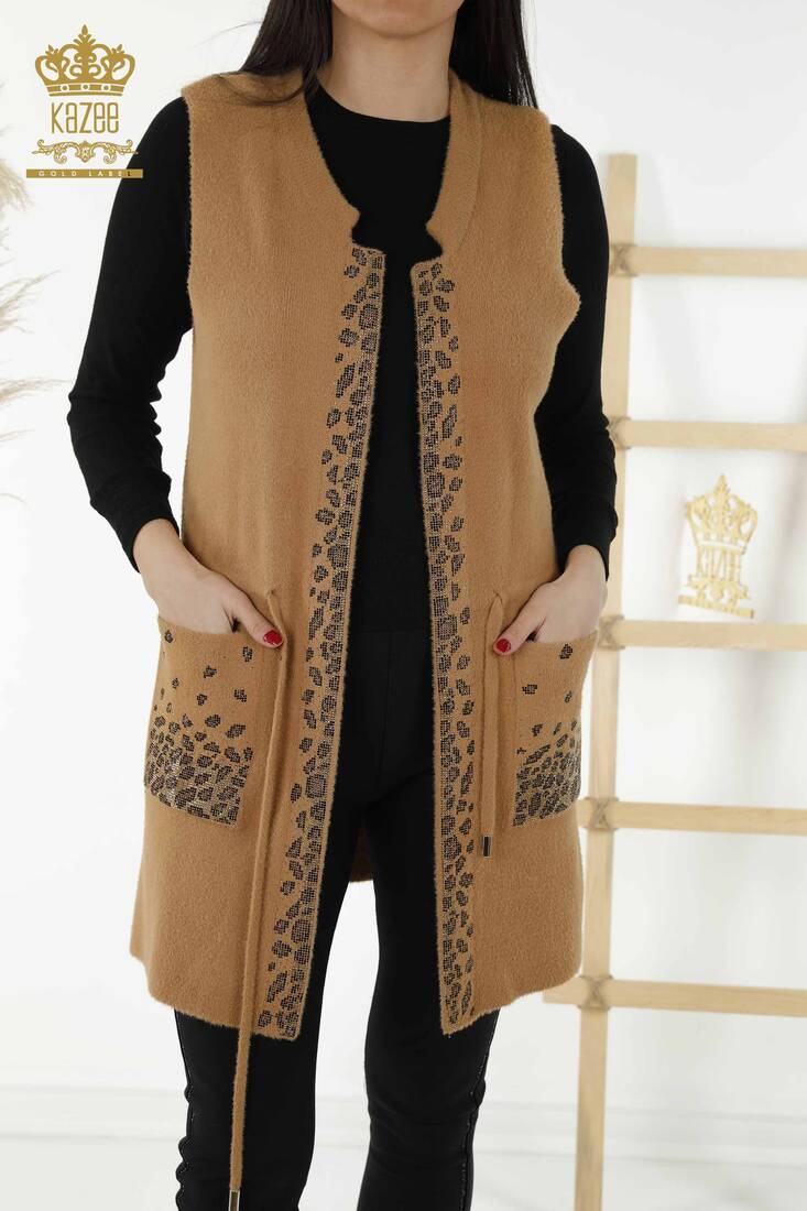 Kadın Uzun Yelek Leopar Desenli Camel - 30245 | KAZEE