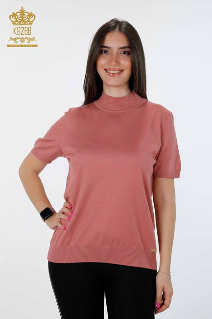 Women's Knitwear Basic Standing Collar Short Sleeve Viscose Dried Rose - 16168 | KAZEE - Thumbnail