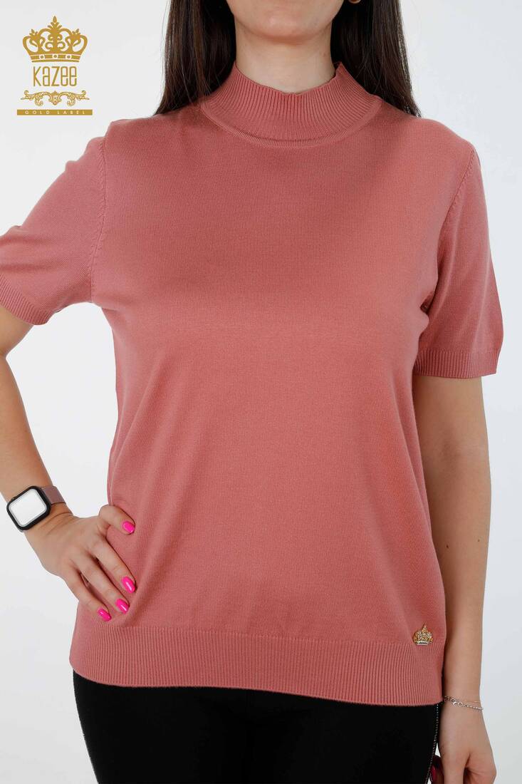 Women's Knitwear Basic Standing Collar Short Sleeve Viscose Dried Rose - 16168 | KAZEE