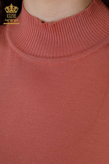 Women's Knitwear Basic Standing Collar Short Sleeve Viscose Dried Rose - 16168 | KAZEE - Thumbnail