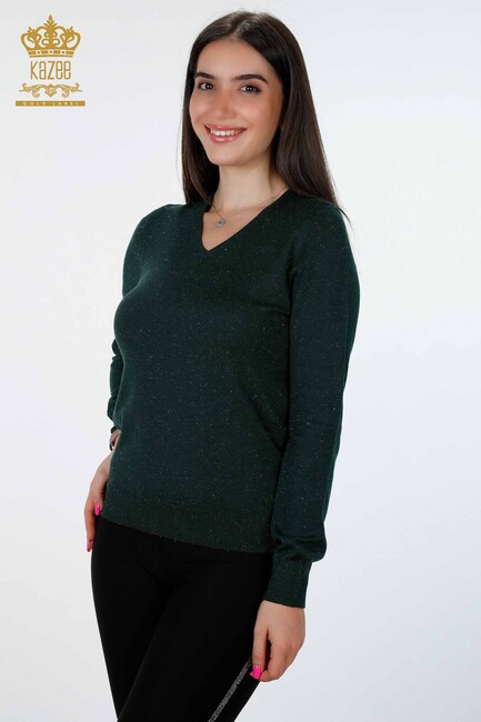 Women's Knitwear Glitter Transition Viscose V-Neck Long Sleeve Naphtha - 15316 | KAZEE - Thumbnail