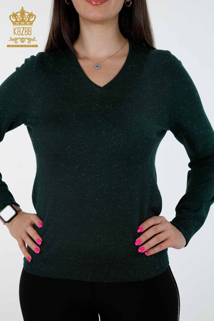 Women's Knitwear Glitter Transition Viscose V-Neck Long Sleeve Naphtha - 15316 | KAZEE - Thumbnail