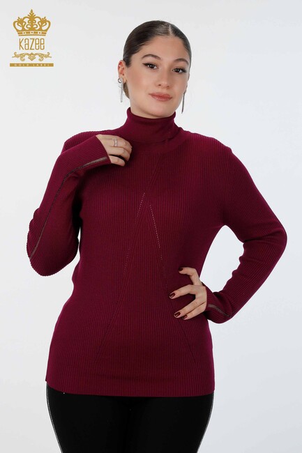 Women's Knitwear Arm Hole Detailed Turtleneck Striped Purple - 16241 | KAZEE - Thumbnail