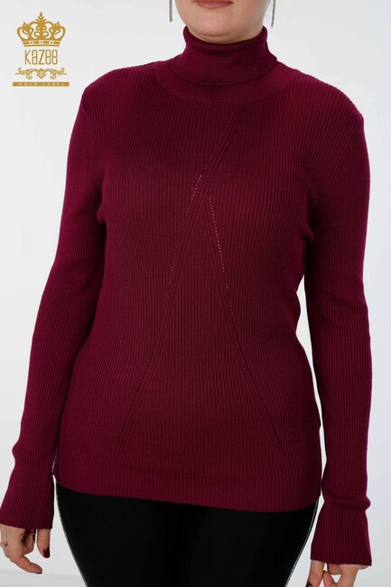 Women's Knitwear Arm Hole Detailed Turtleneck Striped Purple - 16241 | KAZEE - Thumbnail