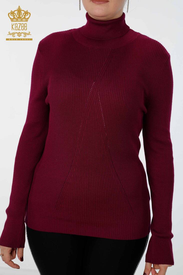 Women's Knitwear Arm Hole Detailed Turtleneck Striped Purple - 16241 | KAZEE