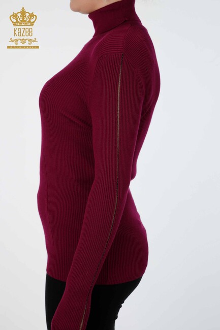 Women's Knitwear Arm Hole Detailed Turtleneck Striped Purple - 16241 | KAZEE - Thumbnail