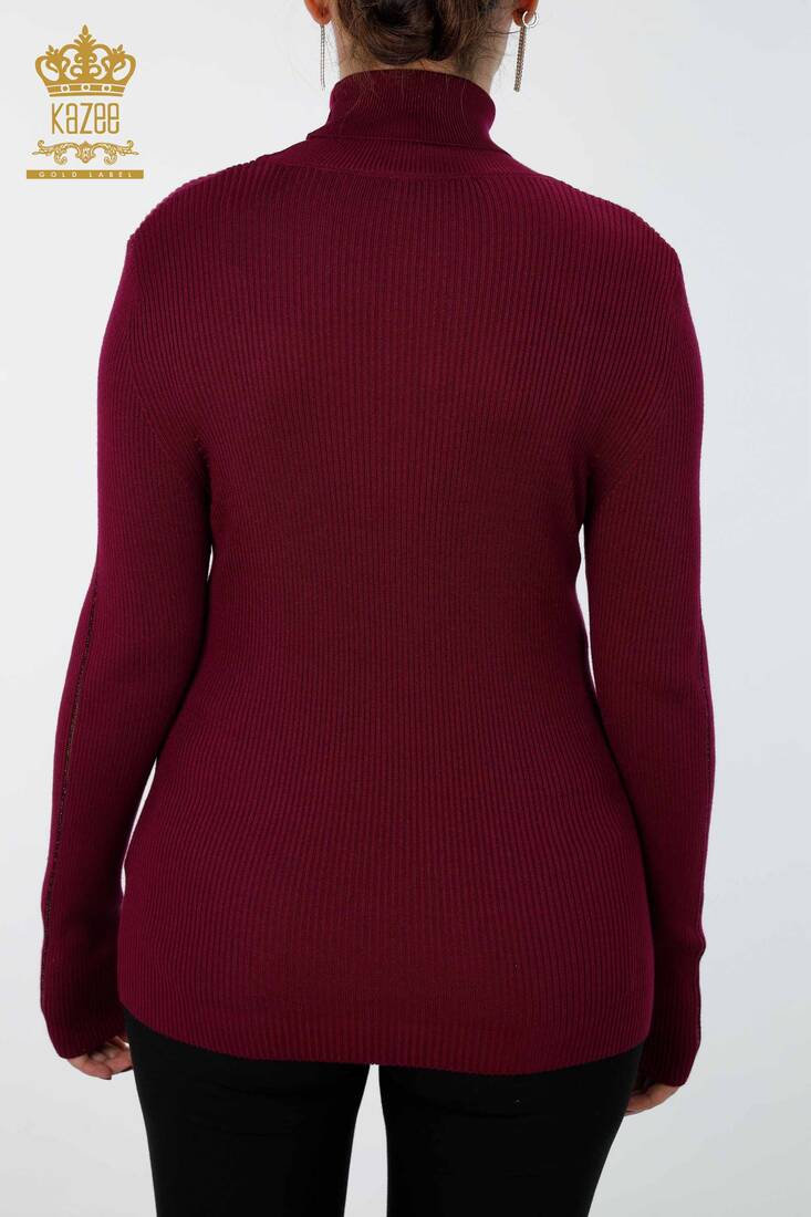 Women's Knitwear Arm Hole Detailed Turtleneck Striped Purple - 16241 | KAZEE