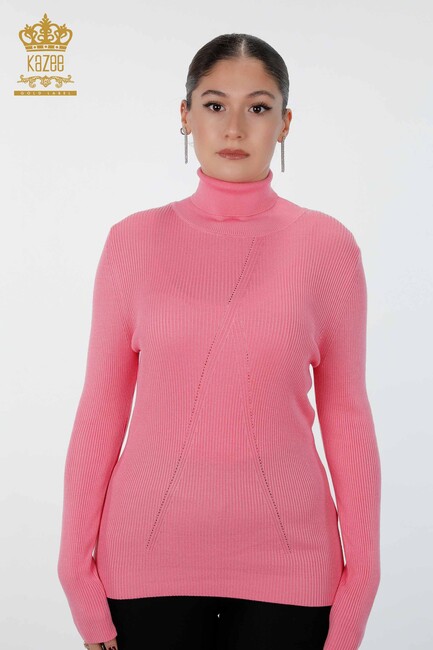 Womens Knitwear Arm Hole Detailed Turtleneck Striped Pink - 16241 | KAZEE - Thumbnail