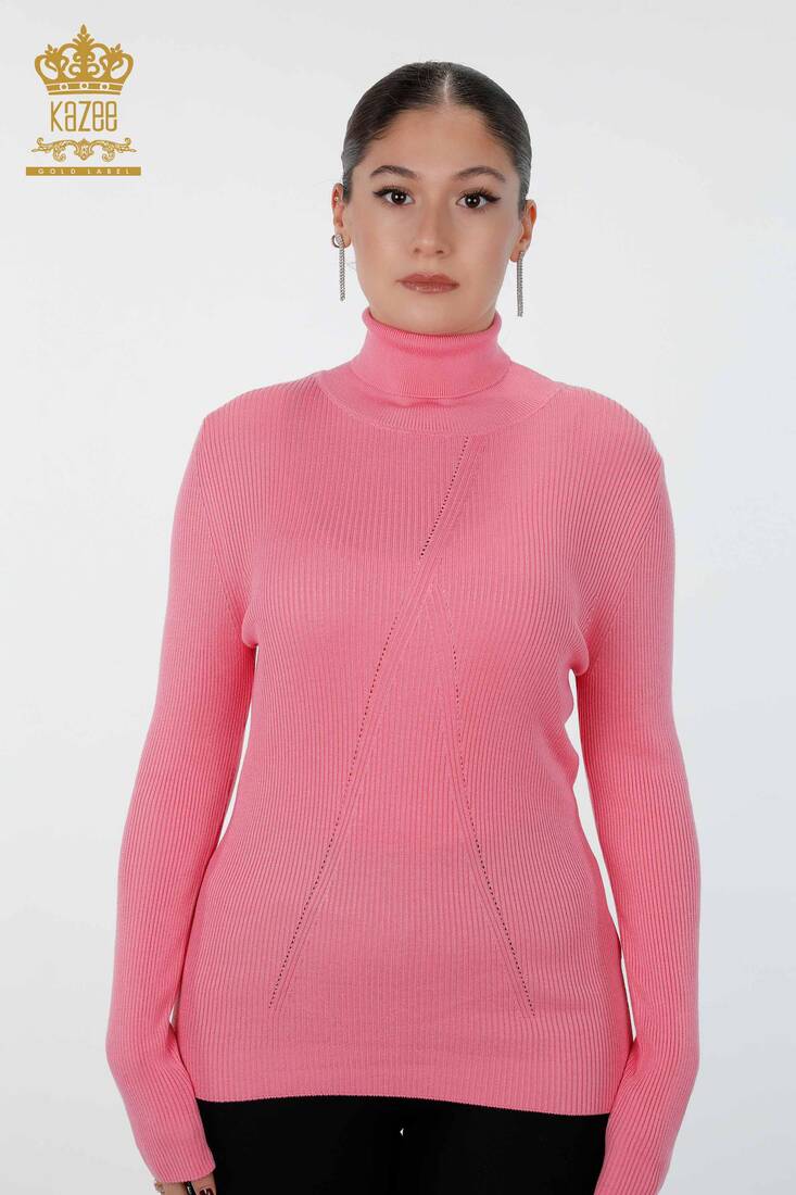 Womens Knitwear Arm Hole Detailed Turtleneck Striped Pink - 16241 | KAZEE