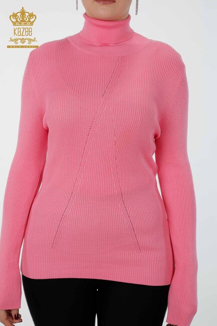 Womens Knitwear Arm Hole Detailed Turtleneck Striped Pink - 16241 | KAZEE - Thumbnail