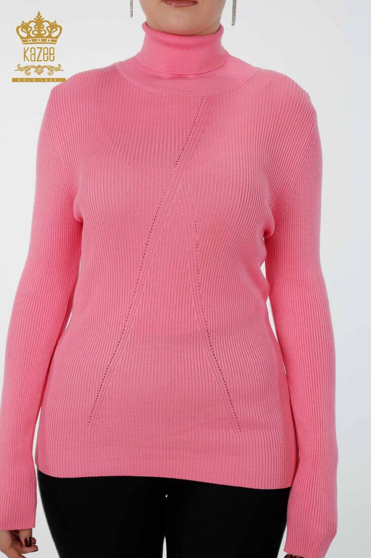 Womens Knitwear Arm Hole Detailed Turtleneck Striped Pink - 16241 | KAZEE