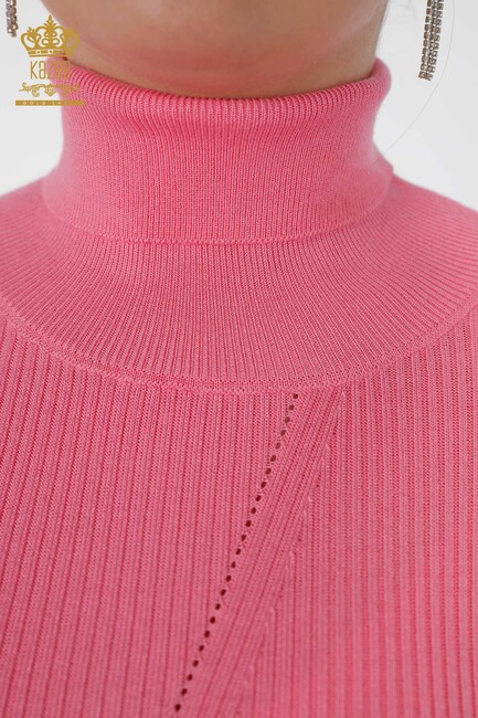 Womens Knitwear Arm Hole Detailed Turtleneck Striped Pink - 16241 | KAZEE - Thumbnail