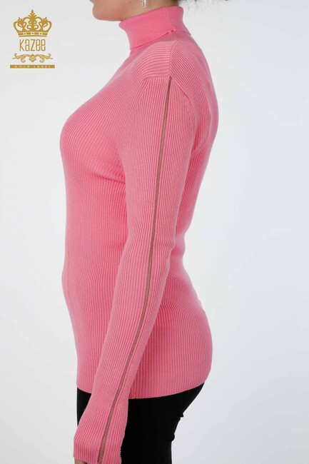 Womens Knitwear Arm Hole Detailed Turtleneck Striped Pink - 16241 | KAZEE - Thumbnail