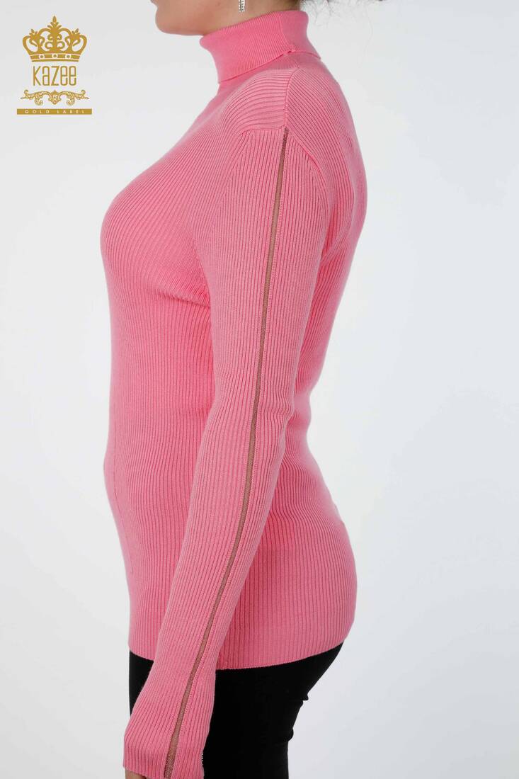 Womens Knitwear Arm Hole Detailed Turtleneck Striped Pink - 16241 | KAZEE