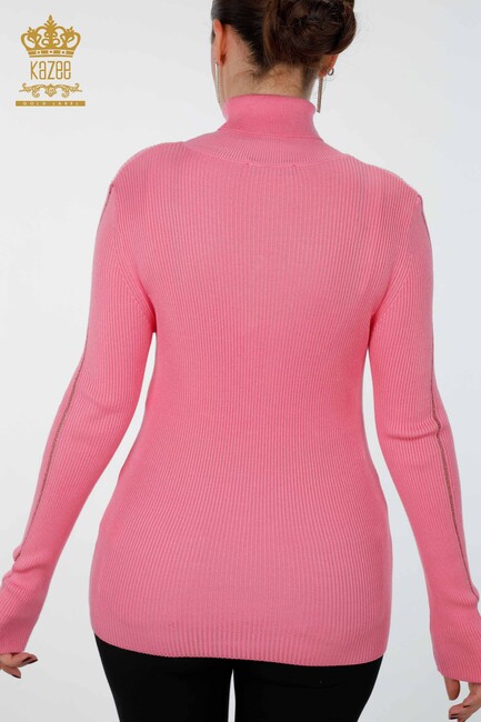 Womens Knitwear Arm Hole Detailed Turtleneck Striped Pink - 16241 | KAZEE - Thumbnail