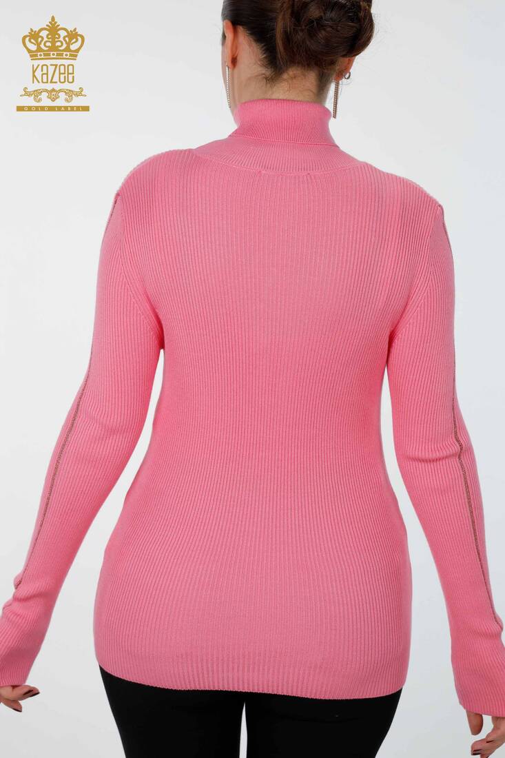 Womens Knitwear Arm Hole Detailed Turtleneck Striped Pink - 16241 | KAZEE