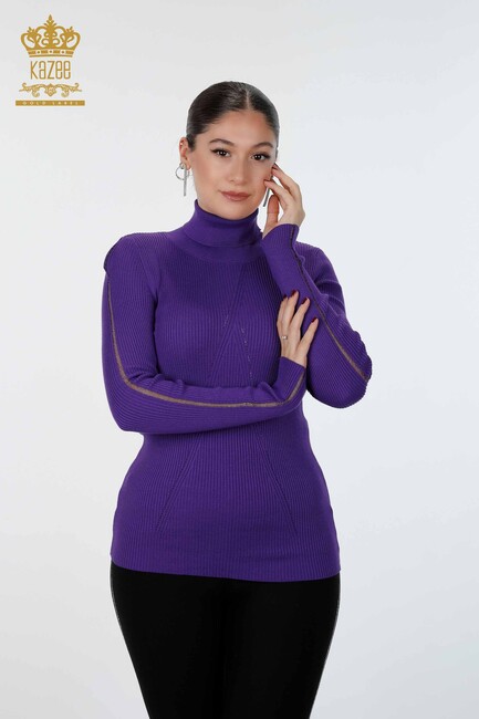 Womens Knitwear Arm Hole Detailed Turtleneck Striped Purple - 16241 | KAZEE - Thumbnail