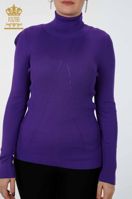 Womens Knitwear Arm Hole Detailed Turtleneck Striped Purple - 16241 | KAZEE - Thumbnail