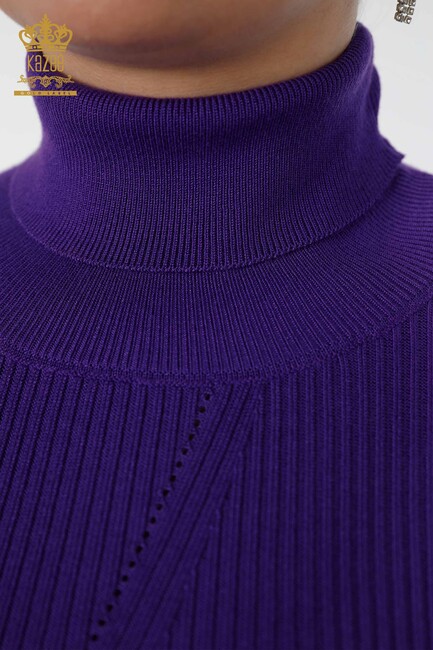 Womens Knitwear Arm Hole Detailed Turtleneck Striped Purple - 16241 | KAZEE - Thumbnail