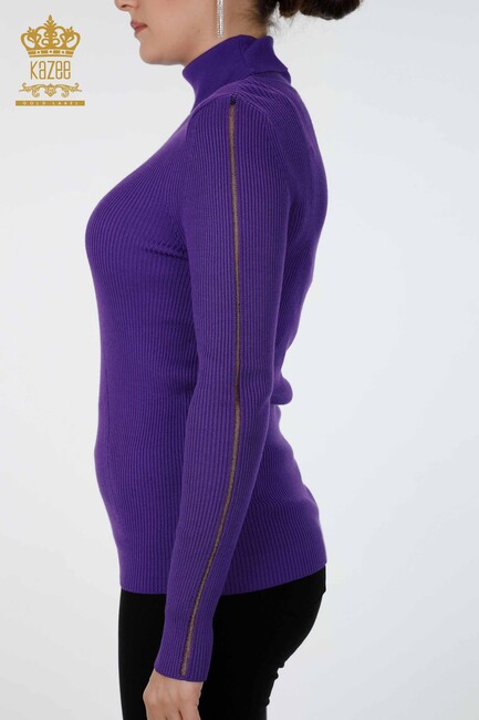 Womens Knitwear Arm Hole Detailed Turtleneck Striped Purple - 16241 | KAZEE - Thumbnail