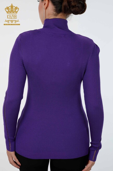 Womens Knitwear Arm Hole Detailed Turtleneck Striped Purple - 16241 | KAZEE - Thumbnail