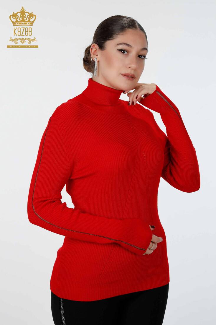 Womens Knitwear Arm Hole Detailed Turtleneck Striped Red - 16241 | KAZEE