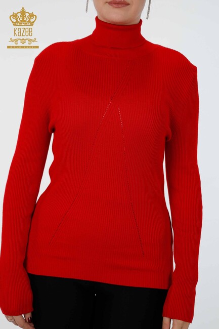 Womens Knitwear Arm Hole Detailed Turtleneck Striped Red - 16241 | KAZEE - Thumbnail