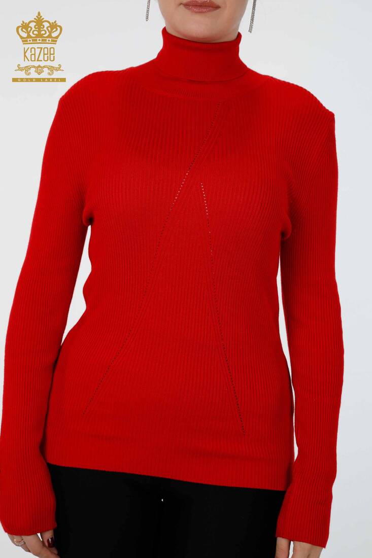 Womens Knitwear Arm Hole Detailed Turtleneck Striped Red - 16241 | KAZEE