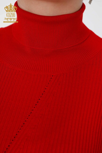 Womens Knitwear Arm Hole Detailed Turtleneck Striped Red - 16241 | KAZEE - Thumbnail