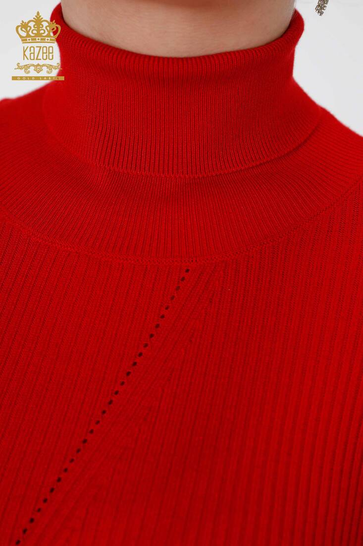 Womens Knitwear Arm Hole Detailed Turtleneck Striped Red - 16241 | KAZEE