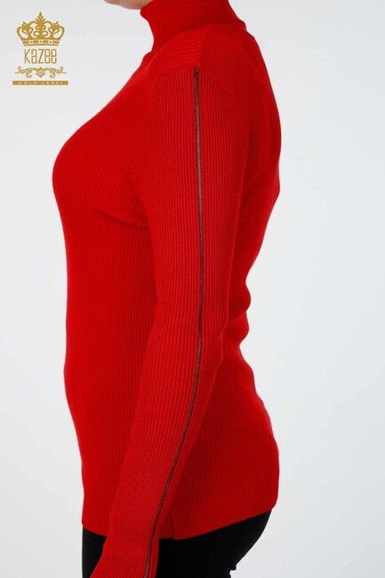 Womens Knitwear Arm Hole Detailed Turtleneck Striped Red - 16241 | KAZEE - Thumbnail