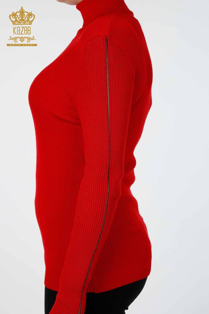 Womens Knitwear Arm Hole Detailed Turtleneck Striped Red - 16241 | KAZEE