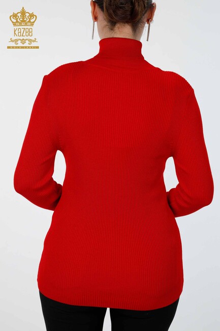 Womens Knitwear Arm Hole Detailed Turtleneck Striped Red - 16241 | KAZEE - Thumbnail