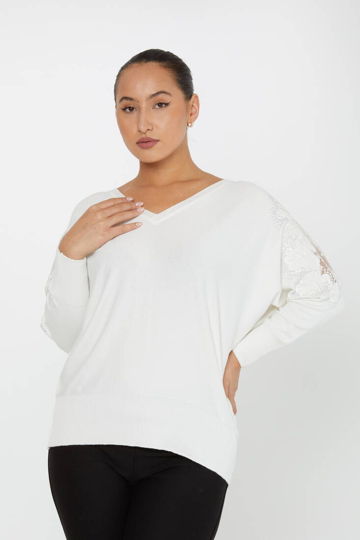 Women's Knitwear Stone Embroidered Tulle Detailed Bat Sleeve Ecru - 30904 | KAZEE