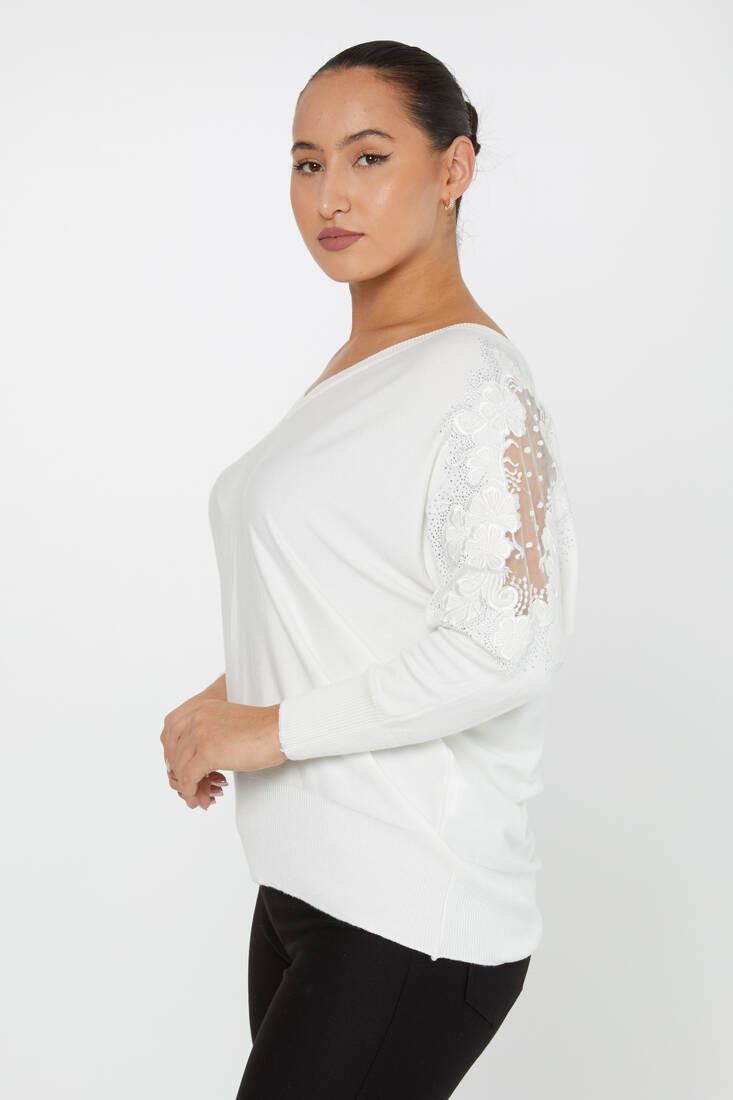 Women's Knitwear Stone Embroidered Tulle Detailed Bat Sleeve Ecru - 30904 | KAZEE