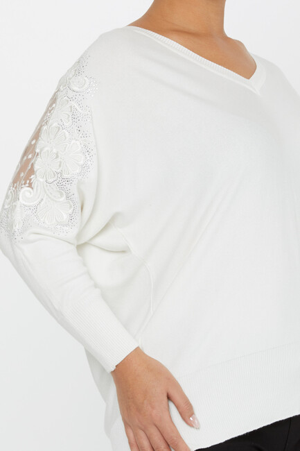 Women's Knitwear Stone Embroidered Tulle Detailed Bat Sleeve Ecru - 30904 | KAZEE - Thumbnail