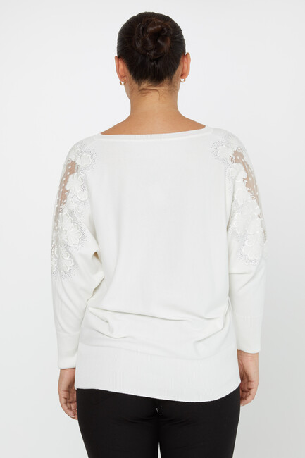 Women's Knitwear Stone Embroidered Tulle Detailed Bat Sleeve Ecru - 30904 | KAZEE - Thumbnail