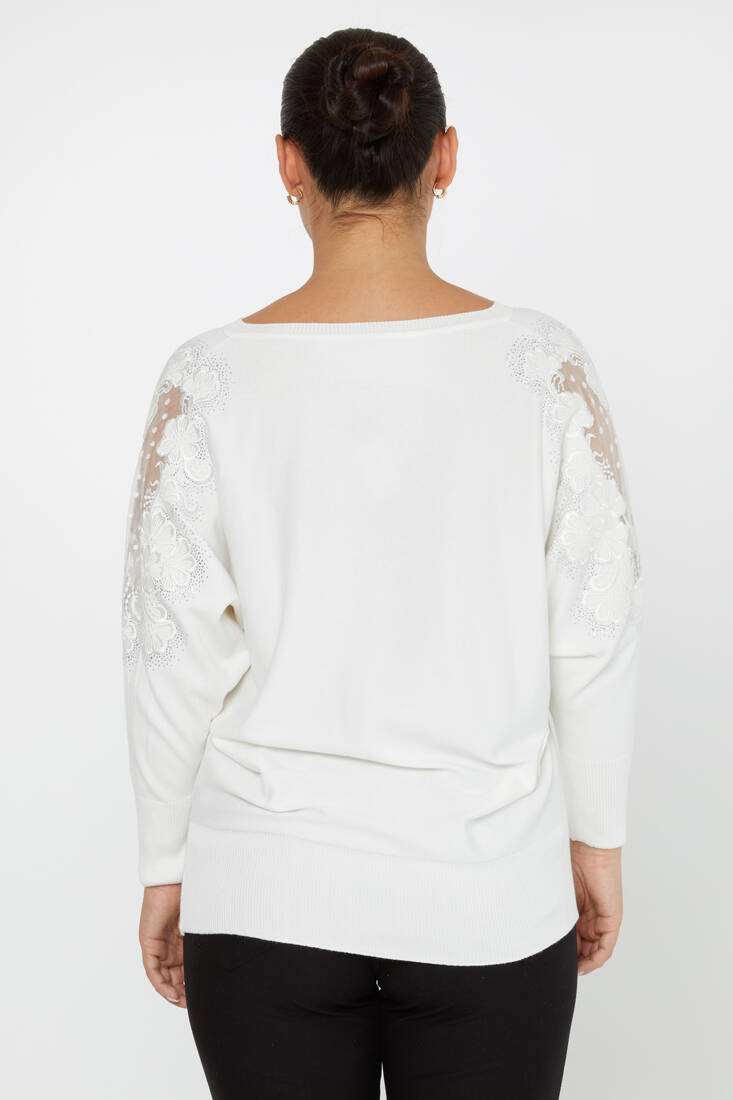 Women's Knitwear Stone Embroidered Tulle Detailed Bat Sleeve Ecru - 30904 | KAZEE