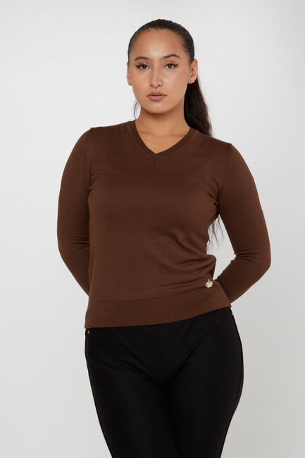 Women's Knitwear Basic V Neck Brown - 11071 | KAZEE - Thumbnail