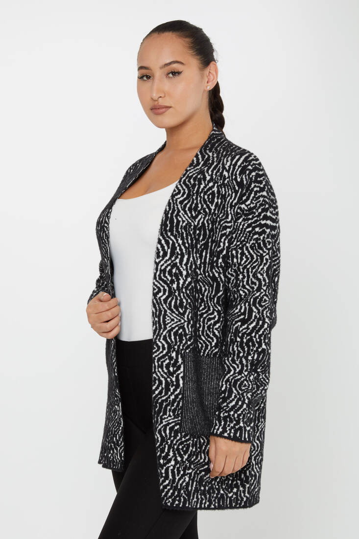 Women's Angora Cardigan Patterned Pocket Black - 30121 | KAZEE