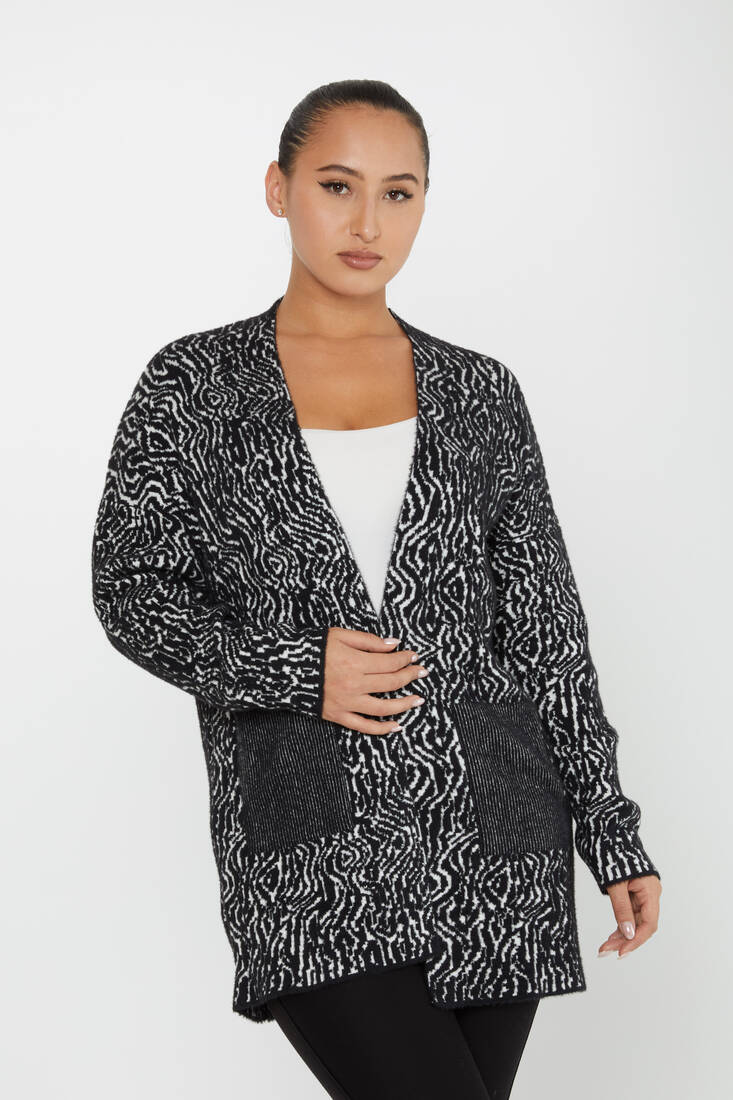 Women's Angora Cardigan Patterned Pocket Black - 30121 | KAZEE