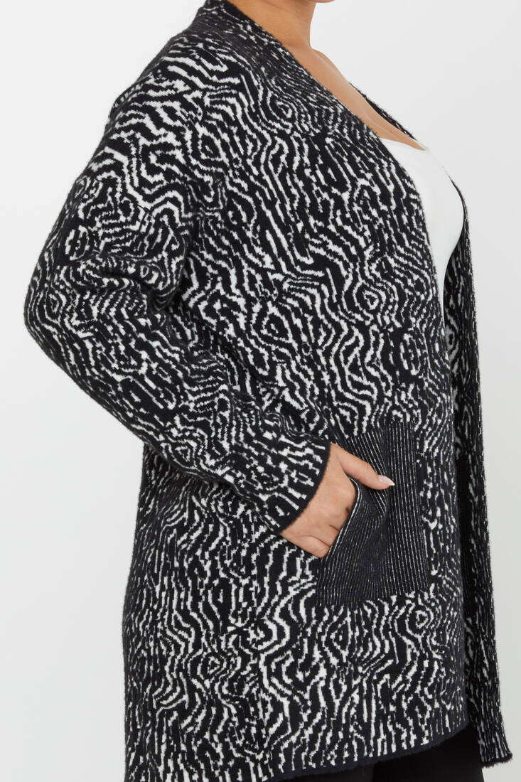 Women's Angora Cardigan Patterned Pocket Black - 30121 | KAZEE