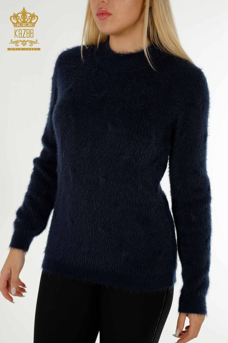 Women's Angora Stand Collar Navy Blue - 19063 | KAZEE